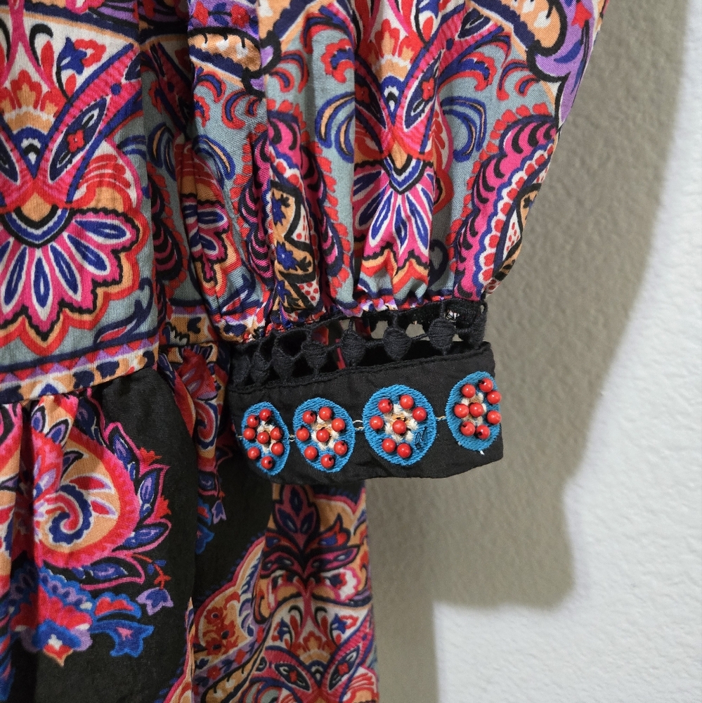 Anthropologie Boho Paisley Print Mock Neck Long Sleeve Mini Dress Size 0P - Picture 6 of 16